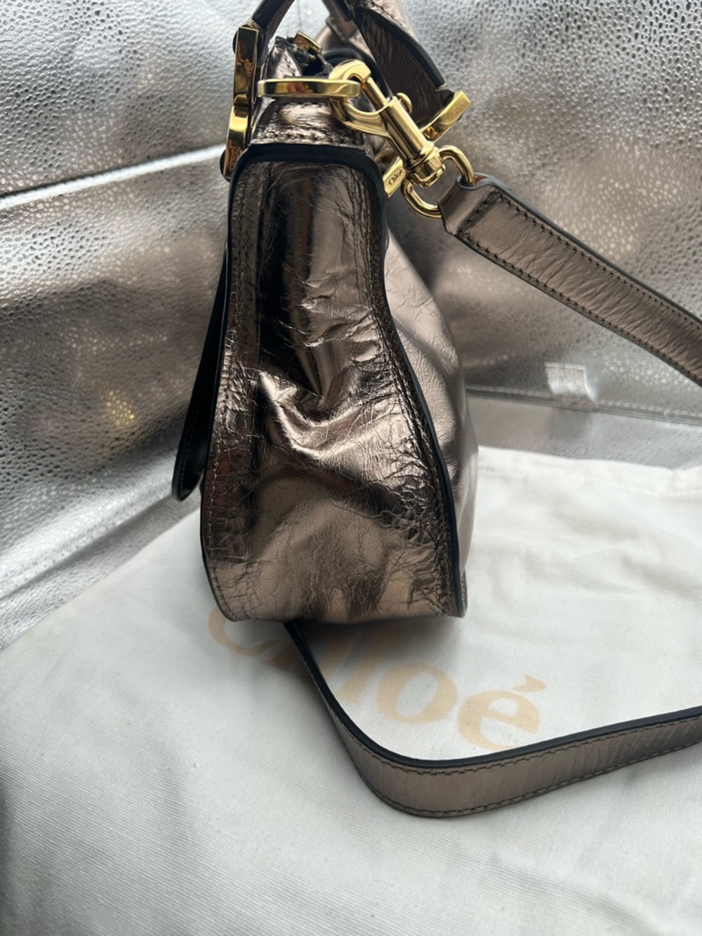 Chloé Small Marcie bronze Metallic Leather Satchel W/COA - Picture 7 of 17